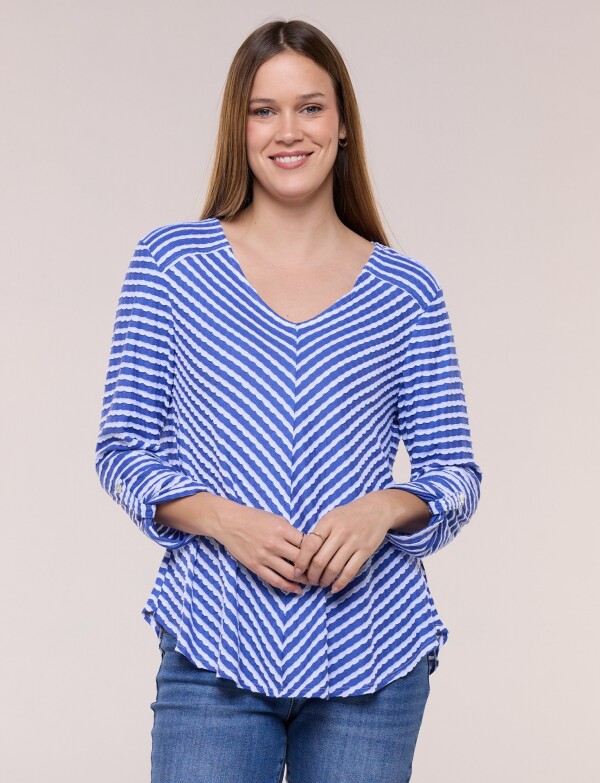Remera Texturada A Rayas Con Escote V AZUL/BLANCO
