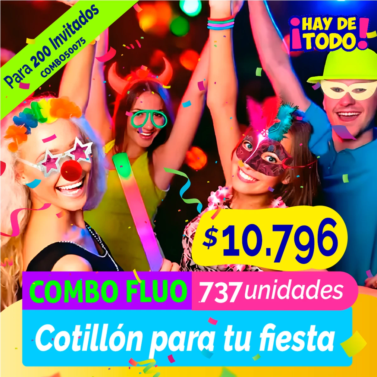 Combo Cotillon Fluo Luminoso 200 Invitados - 784 Articulos 