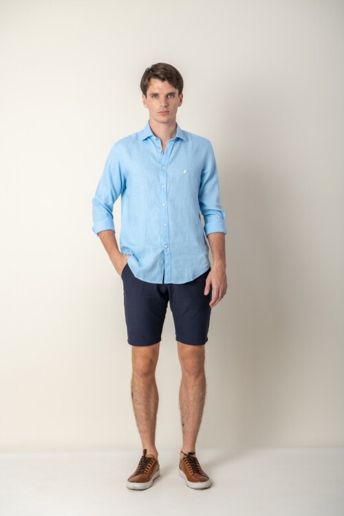 Camisa short collar lino Celeste