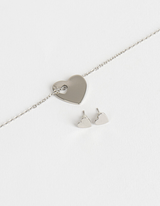 Bijouterie Set Con corazón Set De Collar Y Aros Pasantes Corazones - Plateado