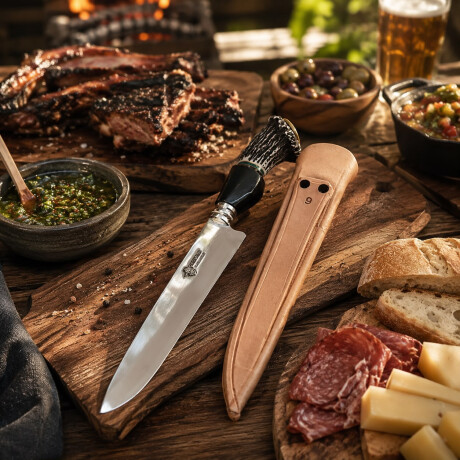 Cuchillo Artesanal Acero de Carbono Mango Simil Ciervo y Guampa o Hueso y Vaina de Cuero N°9 Cuchillo Artesanal Acero de Carbono Mango Simil Ciervo y Guampa o Hueso y Vaina de Cuero N°9