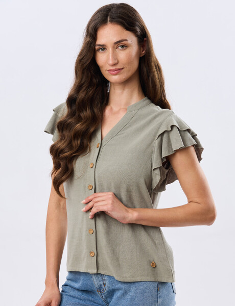 CAMISA DE LINO CON VOLADOS Verde
