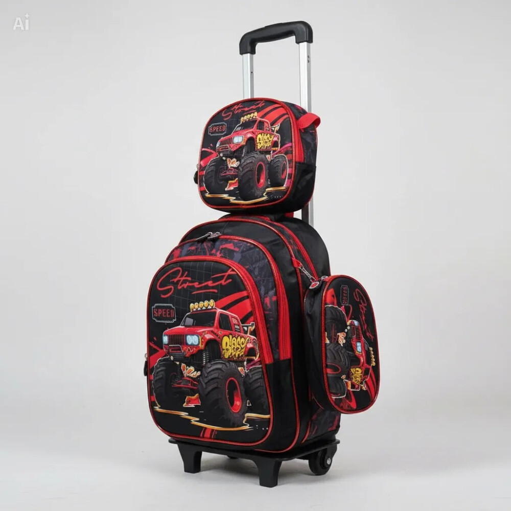 Mochila con carrito, lonchera y cartuchera. Monster car