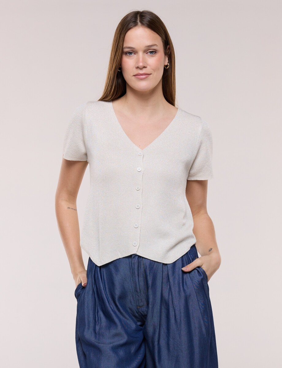 Cardigan Tejido Crop Con Brillo Y Escote V - Beige 