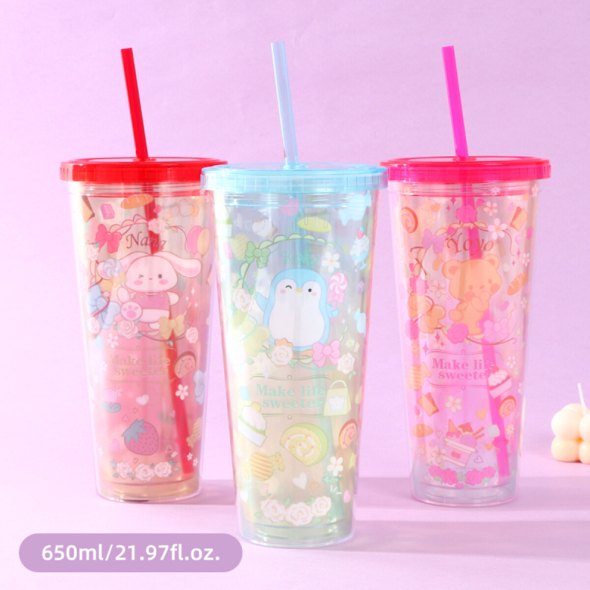 Vaso De Plástico Doble Capa Con Sorbito - Colores - 650ml 