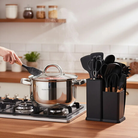 Set Cocina Utensilios 19Pzs + Olla Acero Inoxi 26cm 7,9L Negro