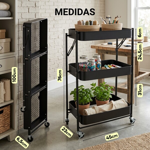 Carro Plegable Carrito Organizador de Metal con 3 Estantes y Ruedas Multiuso IMBACK Color Negro Carro Plegable Carrito Organizador de Metal con 3 Estantes y Ruedas Multiuso IMBACK Color Negro