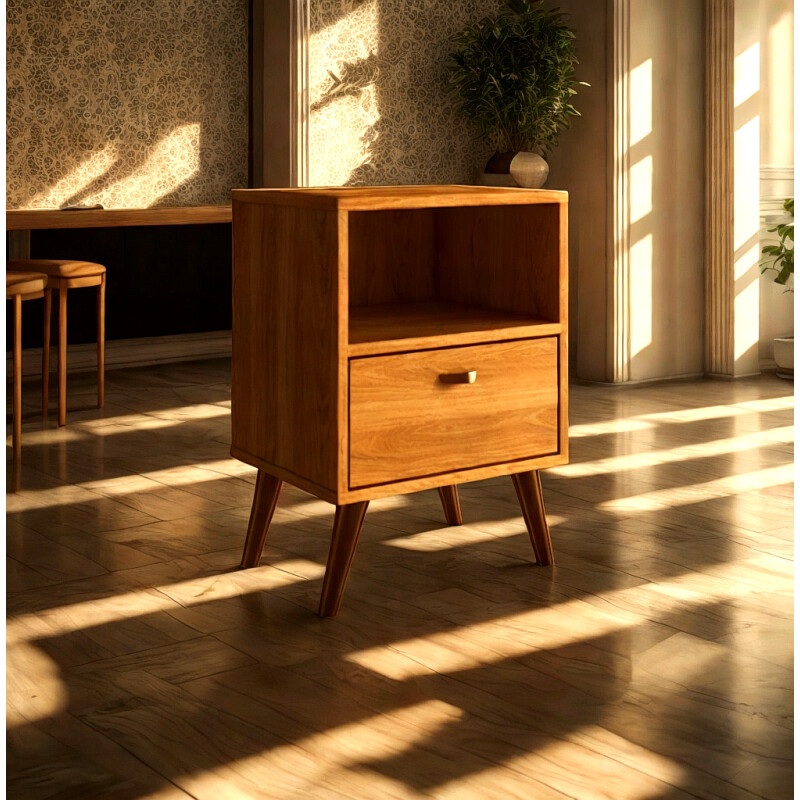 Mesa De Luz Nordica Retro Dormitorio 1 Estantes 1 Cajon Pro Marrón