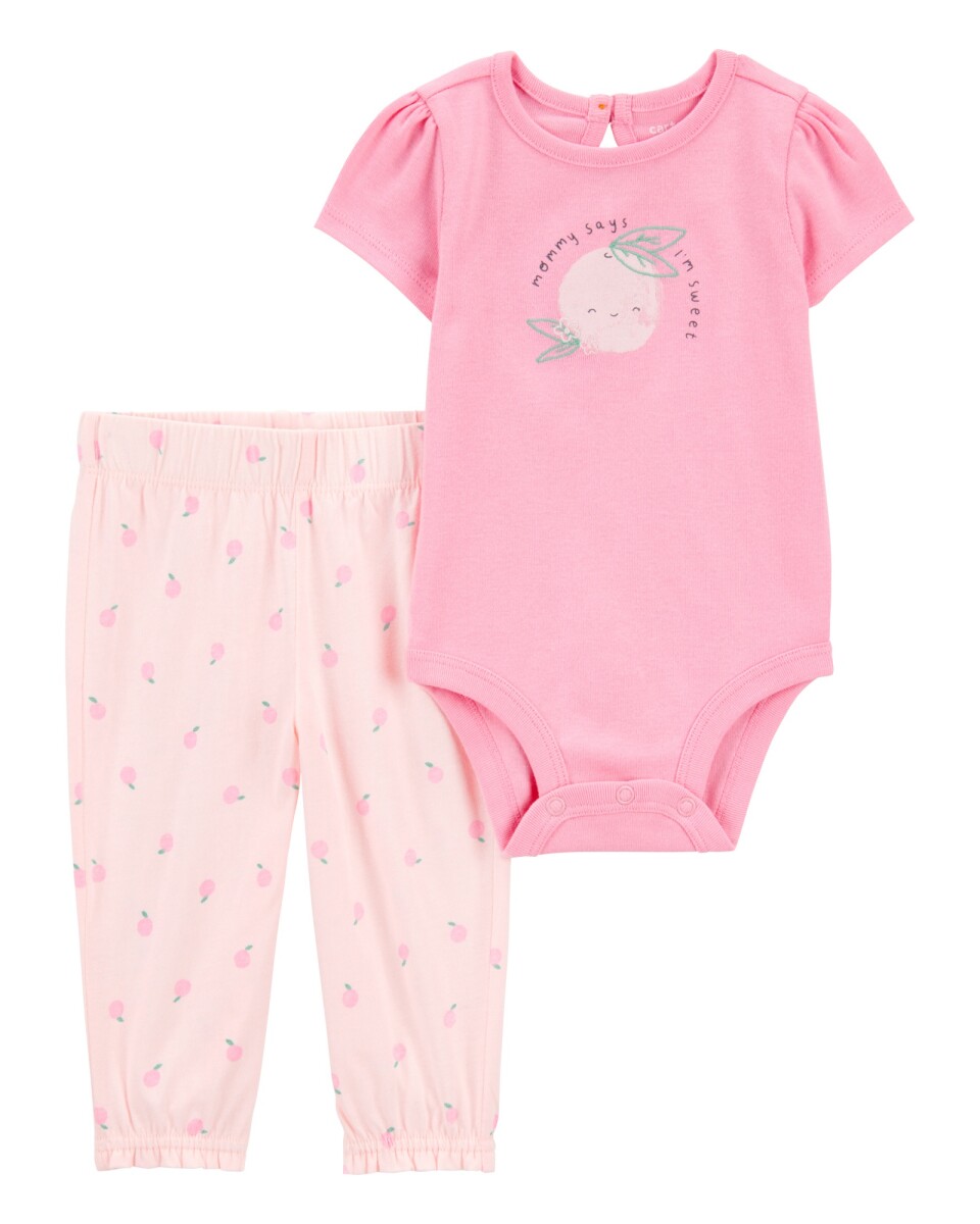 Set dos piezas de algodón, pantalón y body, diseño duraznos 