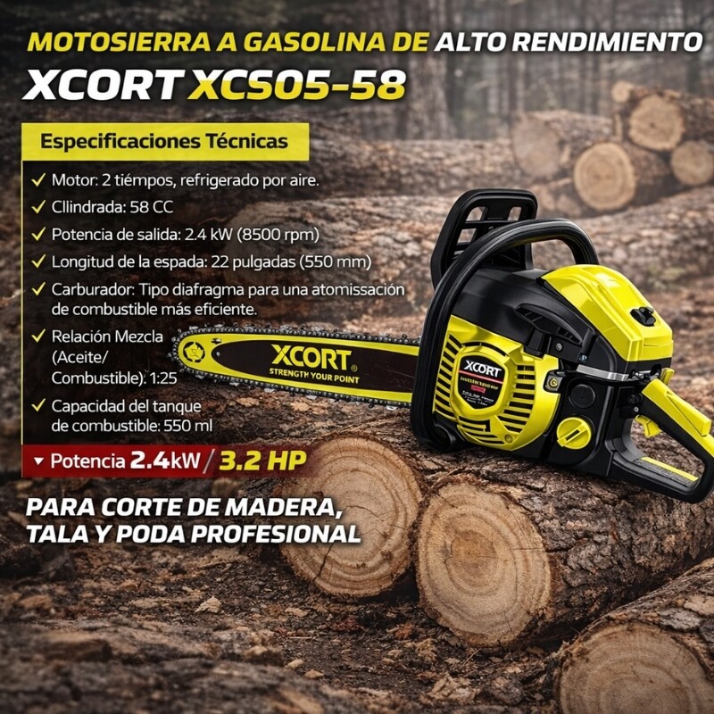 XCORT MOTOSIERRA PROFESIONAL 22 PULGADAS 58CC 2.4KW 3.2HP Xcort Motosierra Profesional 22 Pulgadas 58cc 2.4kw 3.2hp