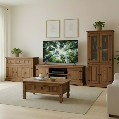 Promo Cristalero + Mesa de Living + Aparador + Rack de TV Linea Naturale Roble
