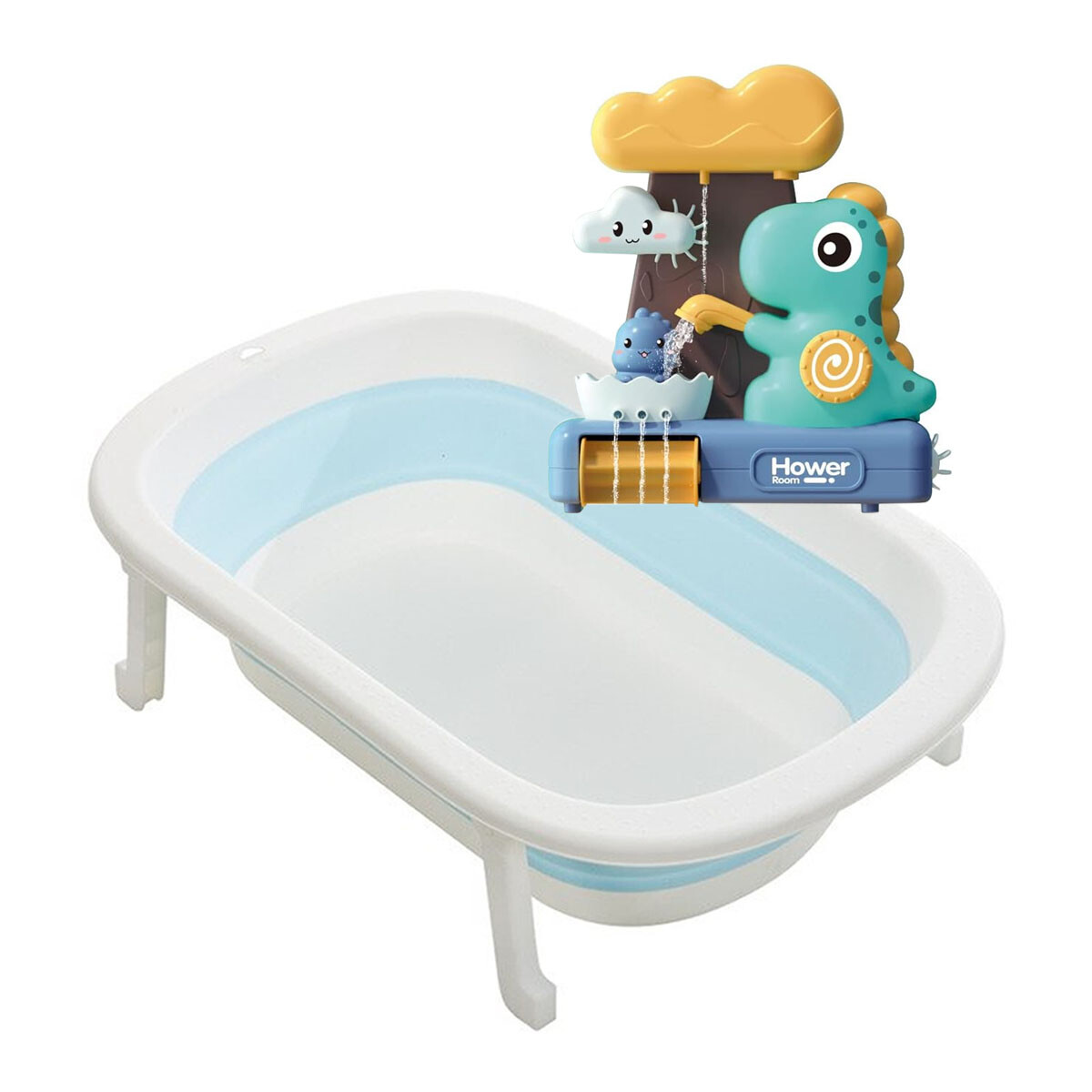 Set Baño Bebé con Bañera Plegable + Juego Dinosaurio de Agua - Celeste 