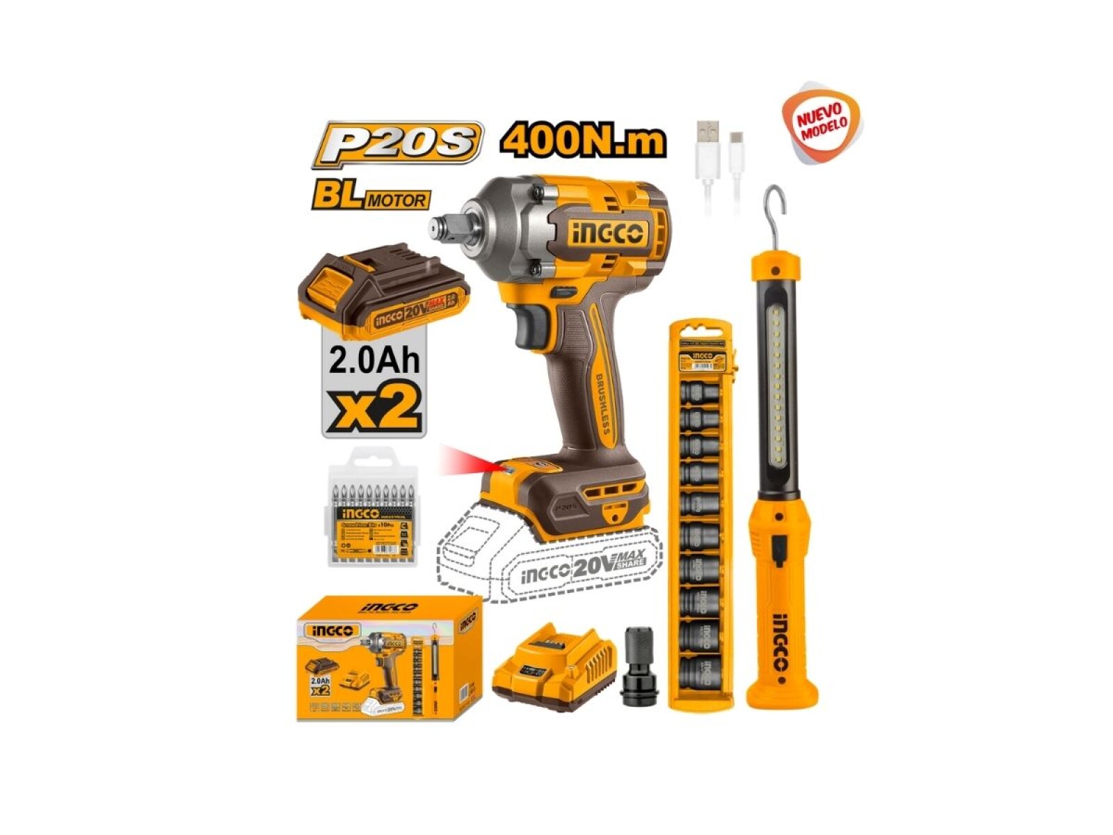 SUPER COMBO LLAVE DE IMPACTO 400NM 20V + LINTERNA RECARGABLE + DADOS IMPACTO 