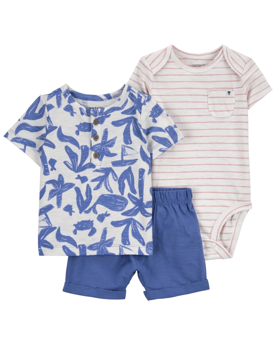 Set tres piezas de algodón, short, remera henley y body 