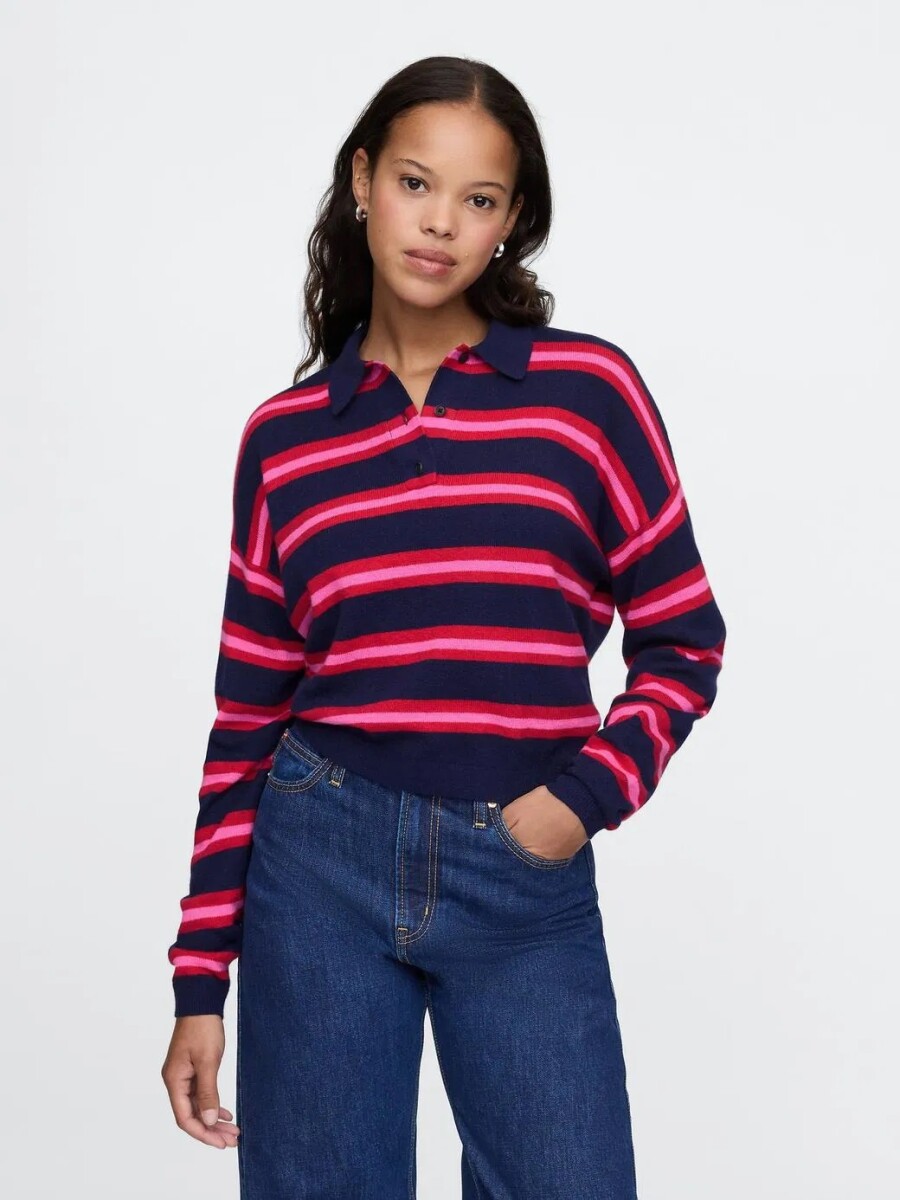 Buzo Tipo Polo Cashsoft Mujer - Navy Pink Strip 
