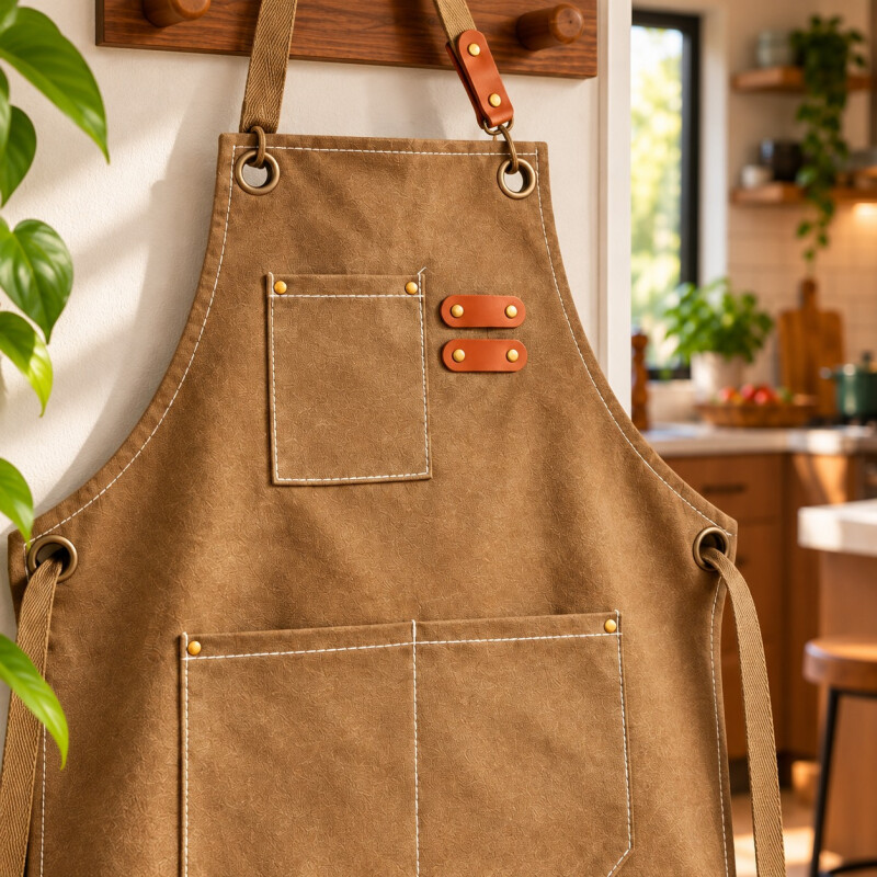 Delantal de Cocina en Tela Canvas con Bolsillos y Detalles en Eco Cuero Camel