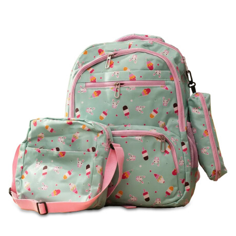 Set Mochila 3 Piezas Estampado Helados Escolar Resistente Verde Claro