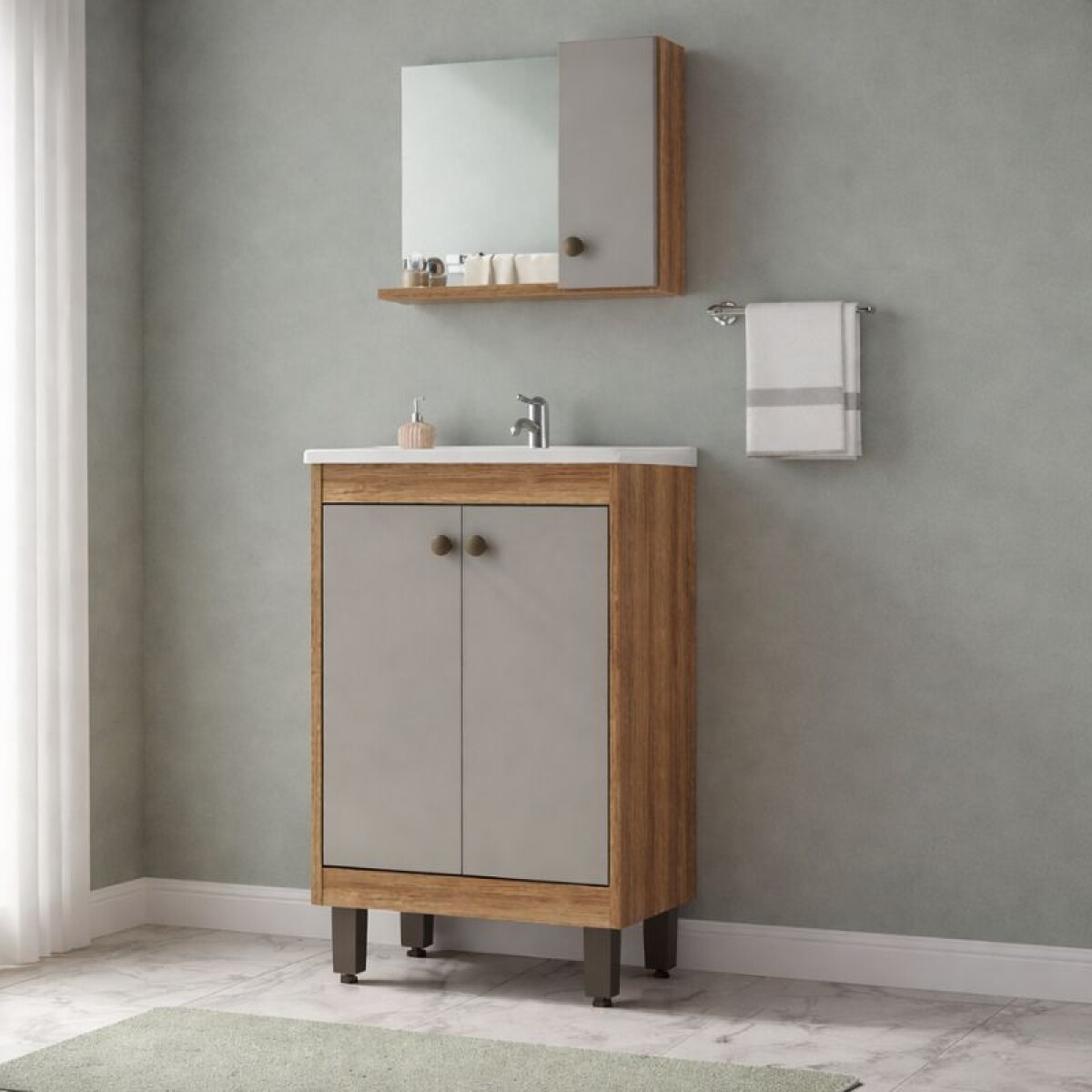 MUEBLE DE BAÑO 45 CM CON MESADA Y ESPEJO - MIEL/FUME 