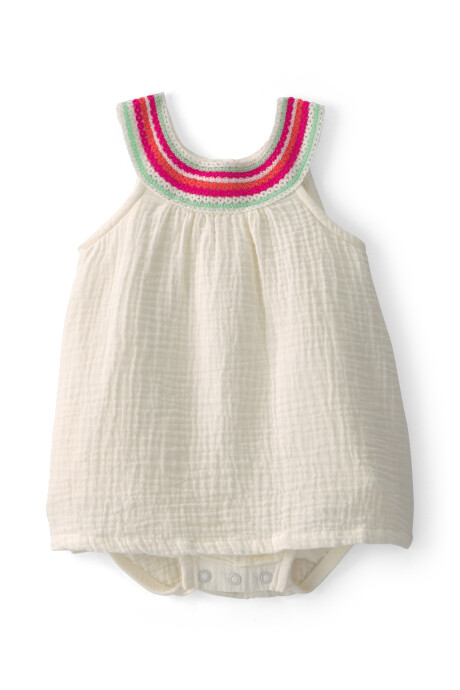 Vestido de algodón, marfil, con cuello multicolor tejido Sin color
