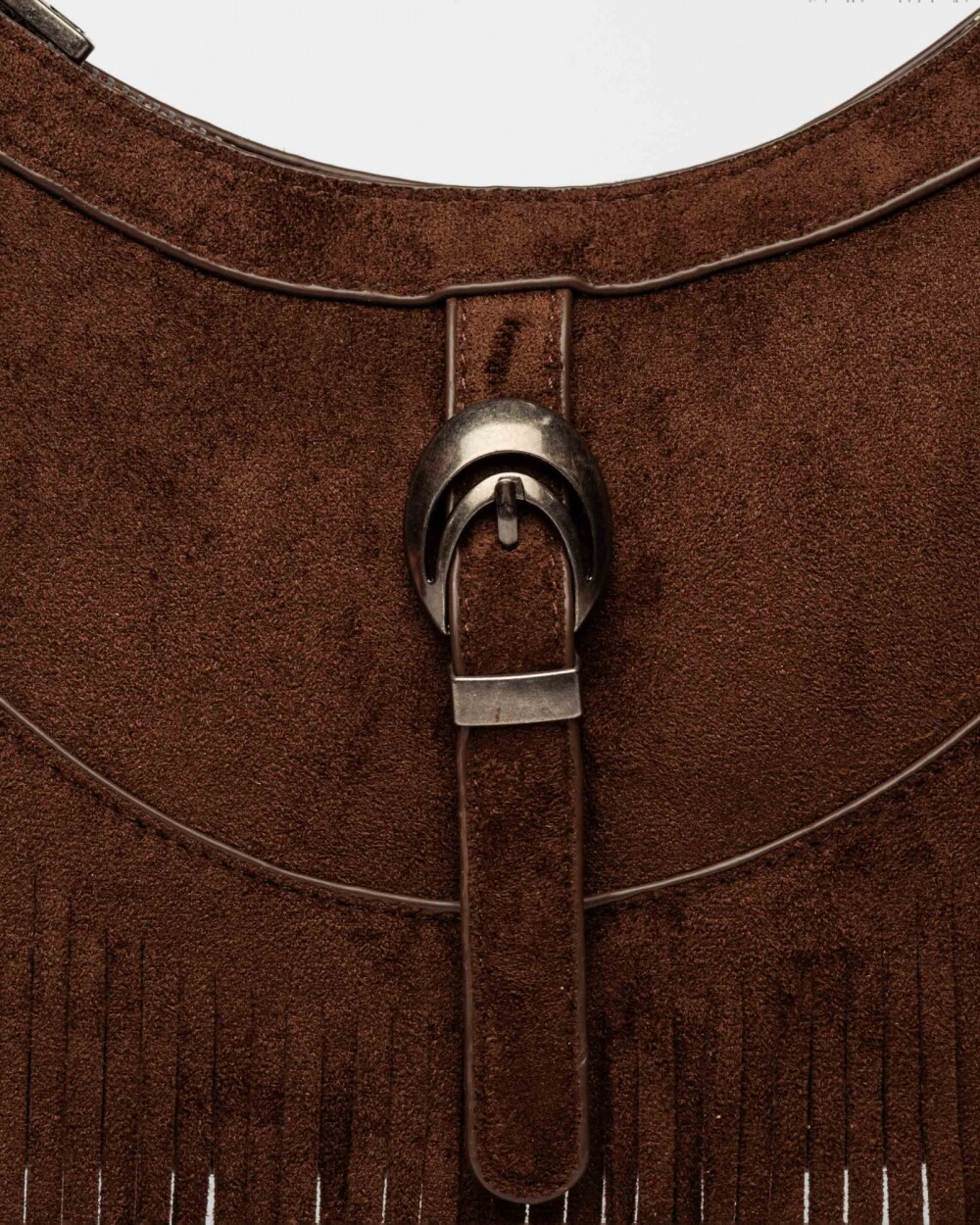 Cartera al hombro Western en efecto gamuza Chocolate
