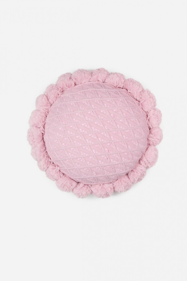 Almohadon circular tejido con pompones rosa