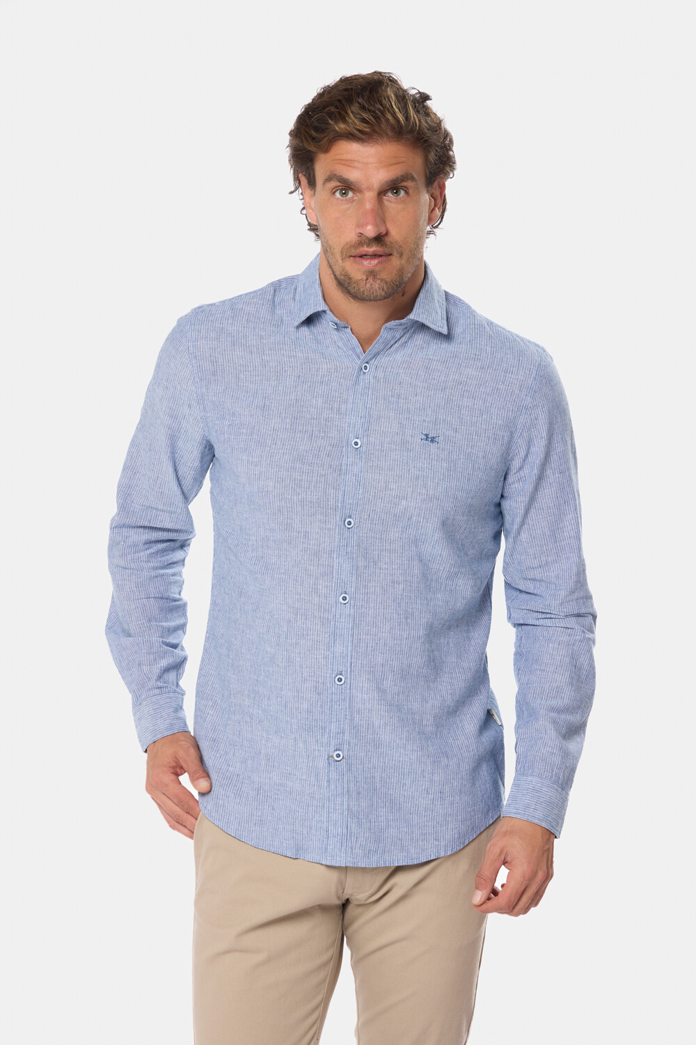 CAMISA DE LINO RAYADA Azul