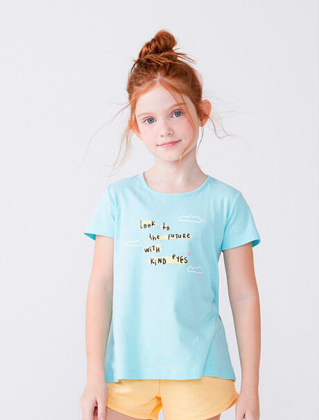 CAMISETA DE NIÑA MANGA CORTA ESTAMPADA CELESTE