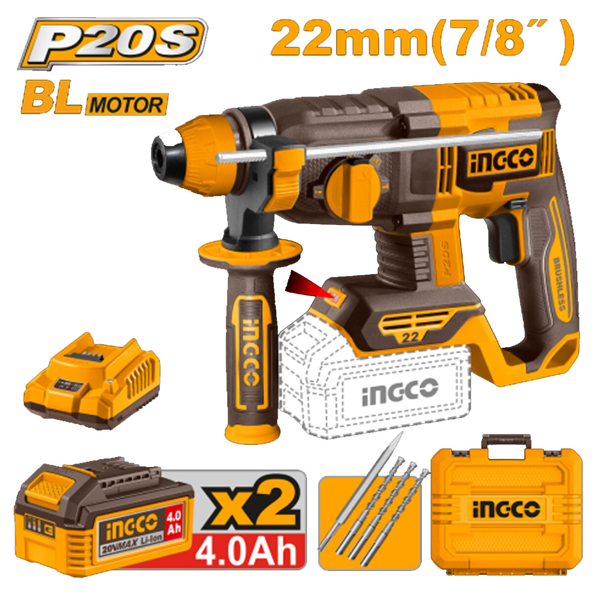 ROTOMARTILLO A BATERIA INGCO 22MM 20V BRUSHLESS C/ 2 BAT 4.0AH + CARG + ACCE 