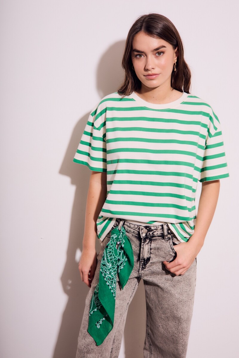 Remera Algodon Lavado Rayada Verde Verde