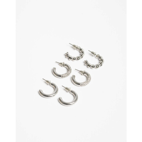 Set De Argollas Con Strass Plateado Rodio