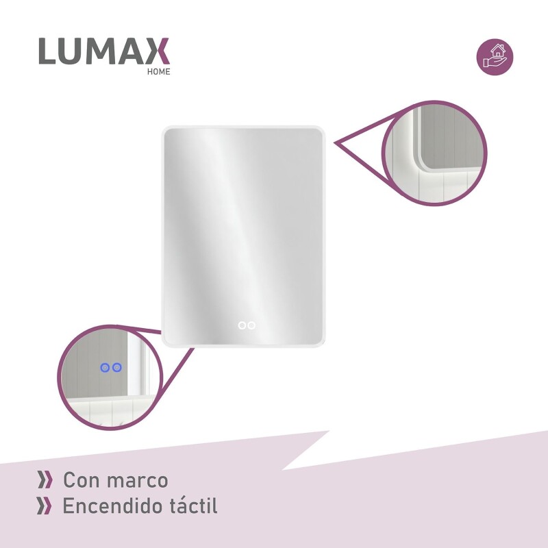 Espejo Vertical Lumax c/marco desempañador y Luz 90x70cm Blanco