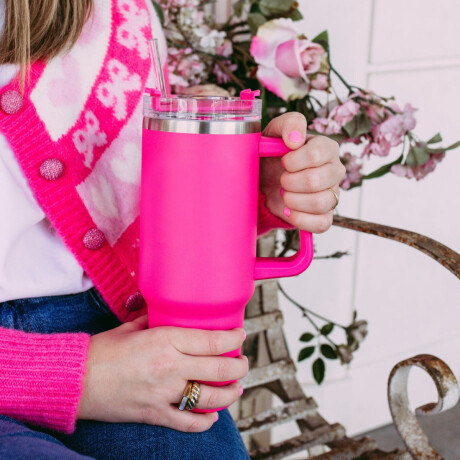 Vaso termico de acero con asa Fucsia