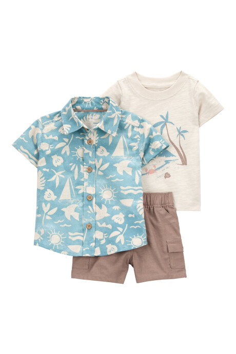 Set tres piezas de algodón, short, camisa y remera manga corta, diseño playa Sin color