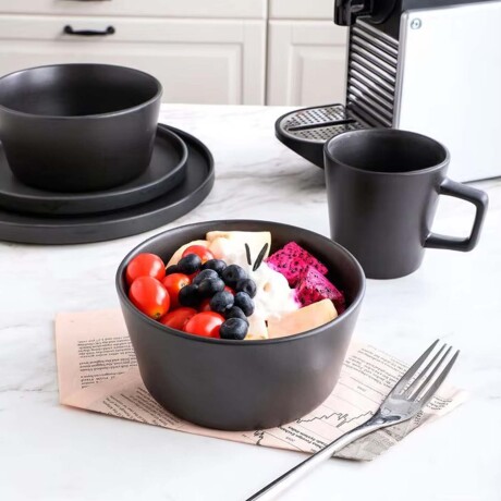Juego de Vajilla Cerámica 16 Piezas Platos Bowls Tazas 325ml Negro
