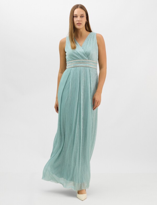 Vestido Gasa Con Lurex Y Cintura De Strass VERDE AGUA