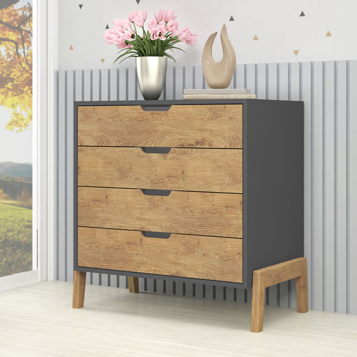 Cómoda Cajonera 4 Cajones Rieles telescópicos Combinada con Patas Madera - MDP - Linea Melilla 