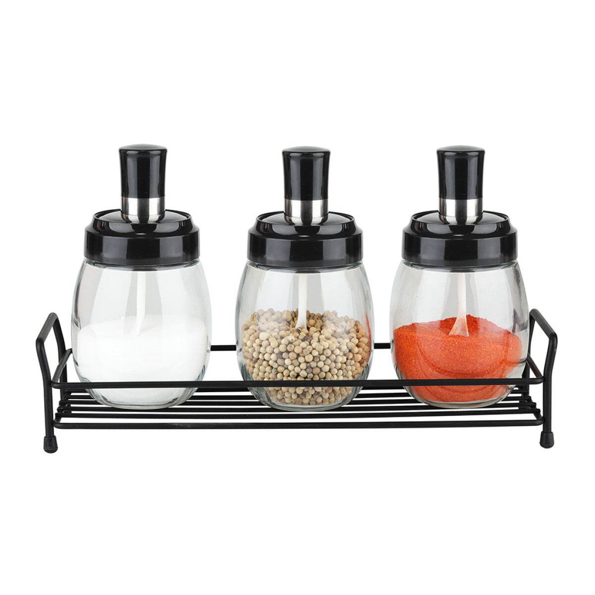 Set 3 Especieros de Vidrio Selecta 290 ml con Soporte Metálico 