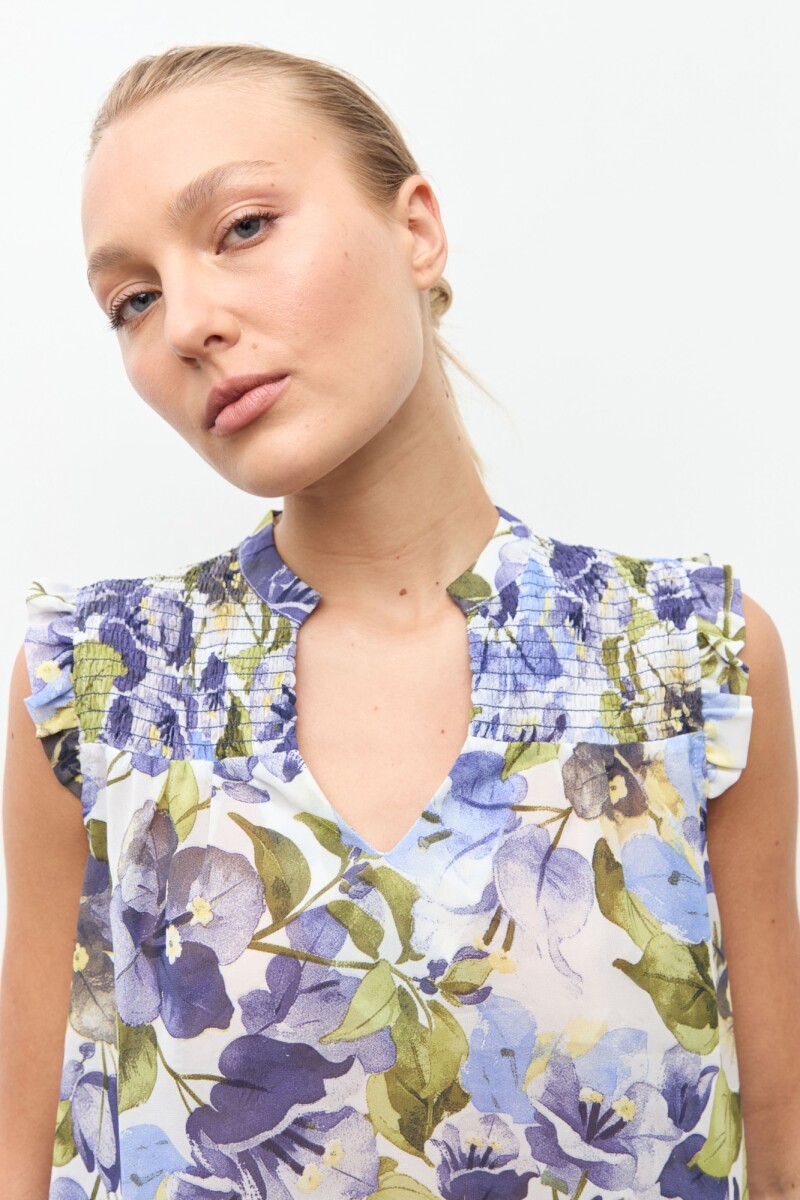 Blusa estampa Santa Rita azul piedra
