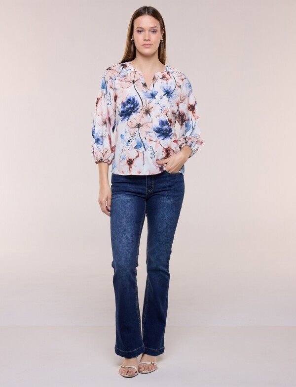 Blusa Gasa Escote V Manga 3/4 Abullonada MULTI/CRUDO