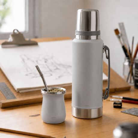 Set Matero Termo 1L Ac. Inox + Mate 160ml Térmico Completo Gris Claro