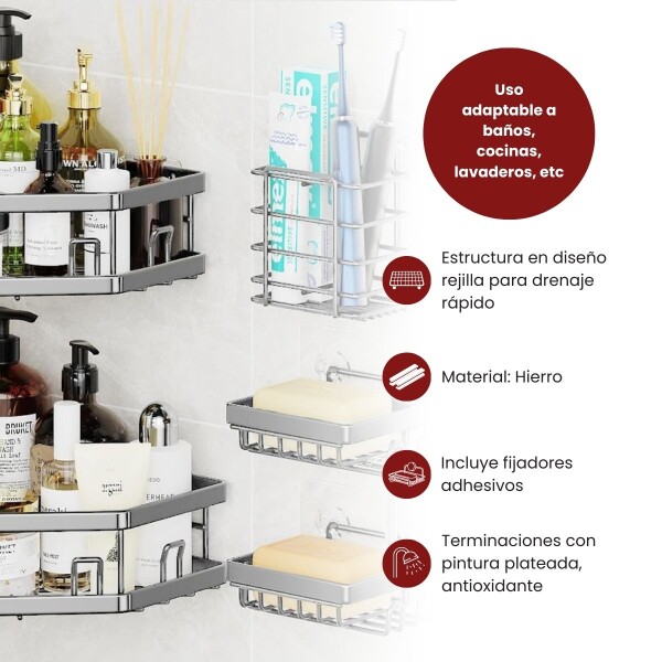 Estante Organizador Adhesivo Set X5 Esquinero De Ducha Baño Plateado BAN010 Estante Organizador Adhesivo Set X5 Esquinero De Ducha Baño Plateado BAN010
