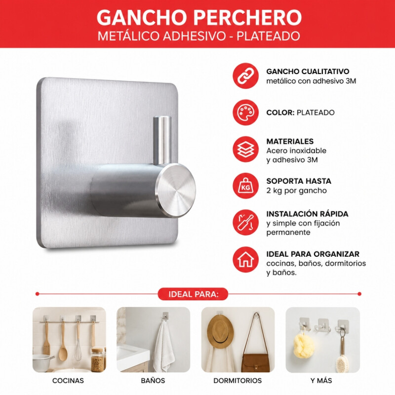 Gancho perchero metálico adhesivo PLATEADO