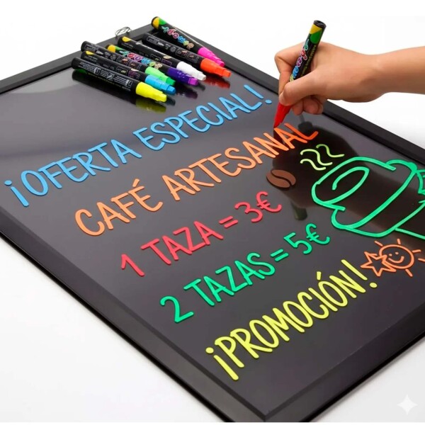 Cartel Pizarra LED 40x30cm Luces Colores + Marcadores Neón Color Negro