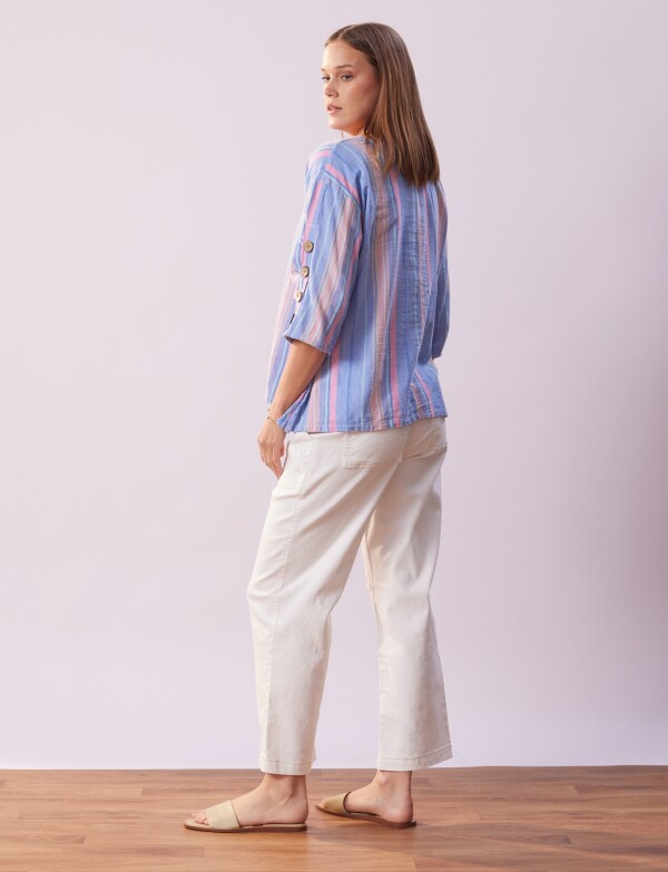 Blusa Algodon Botones MULTI/CELESTE
