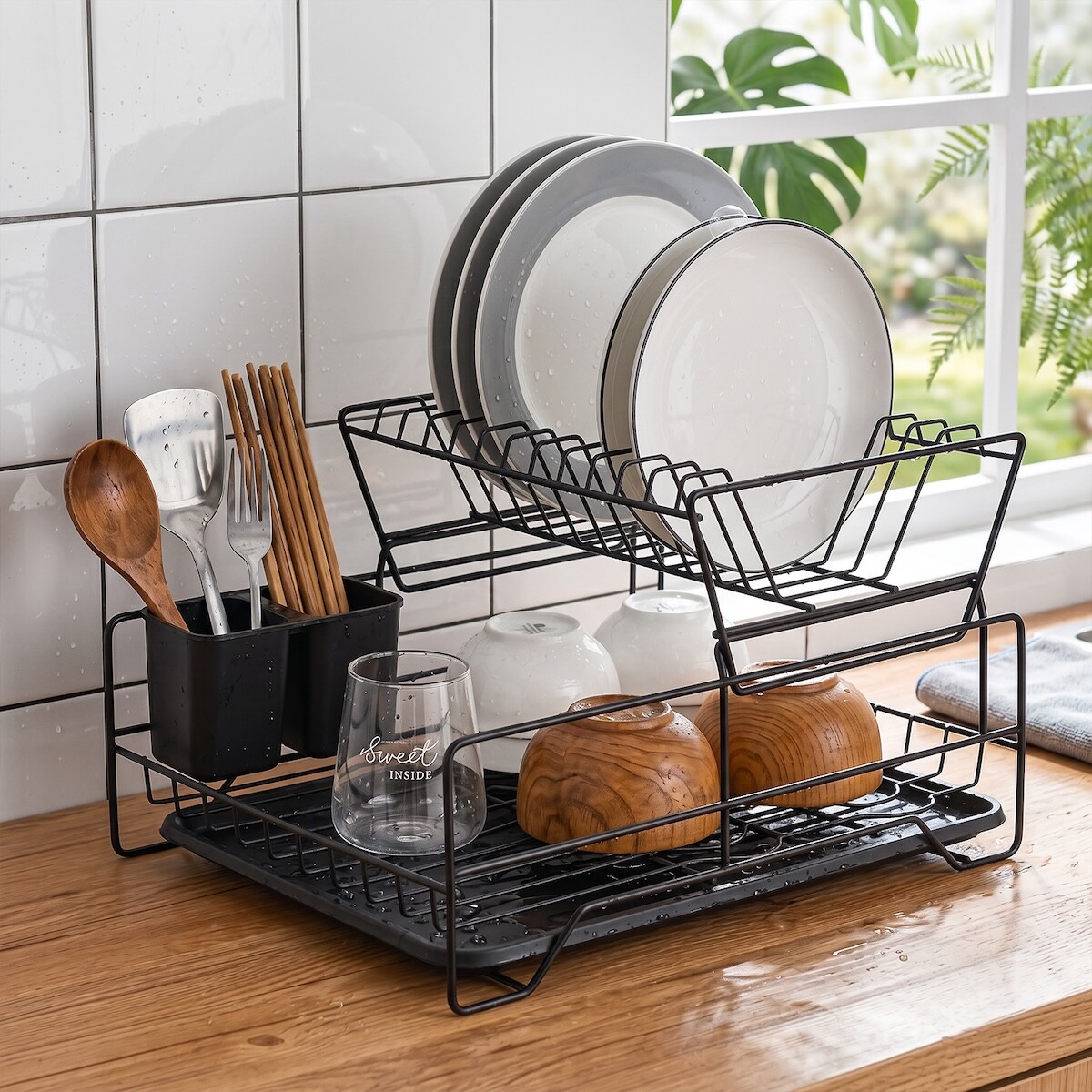 Escurridor de Platos de Cocina Escurreplatos de 2 Niveles Desmontable Color Negro 