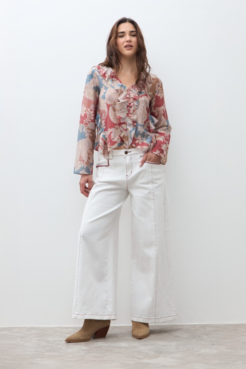 Blusa estampa paisley con volados bordo