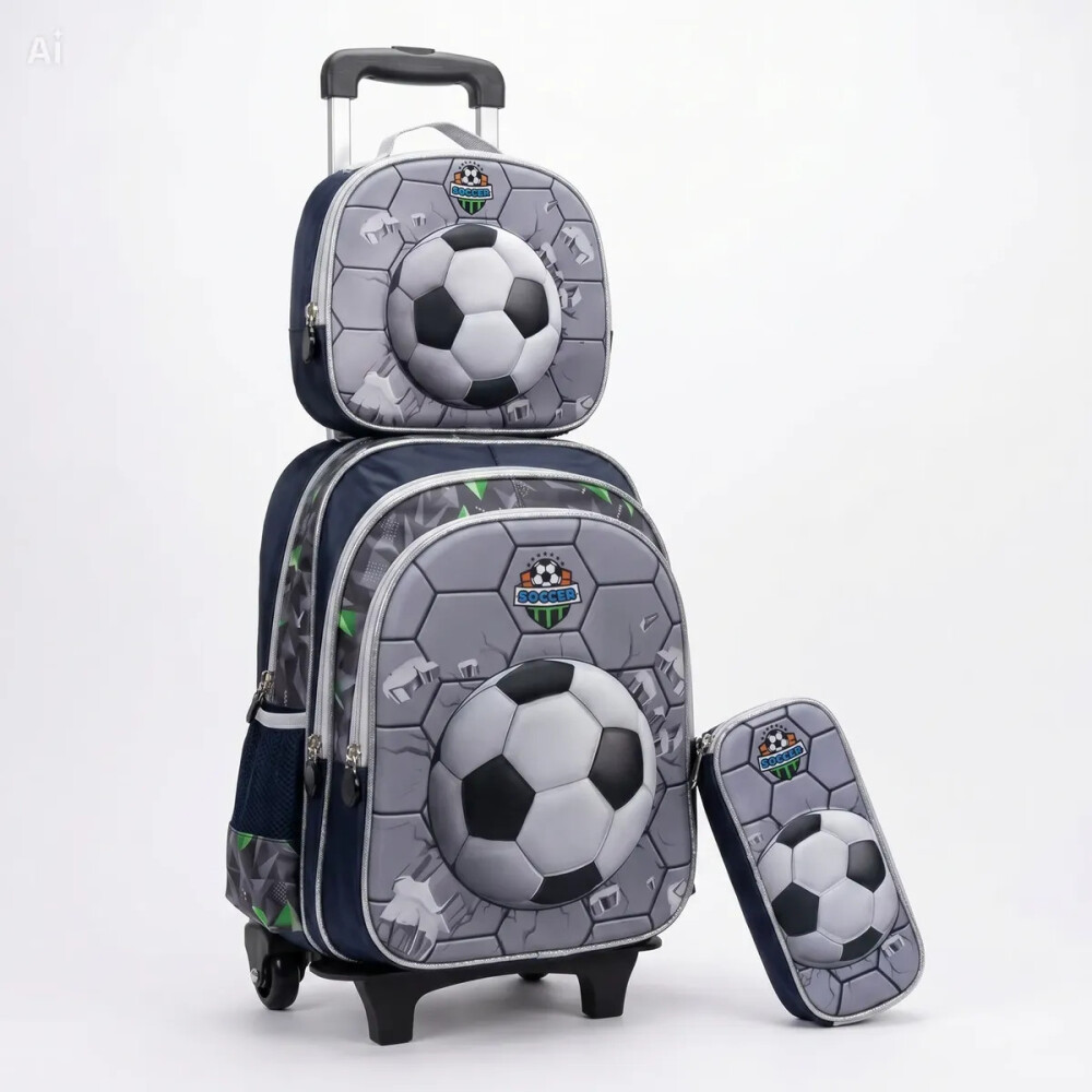 Mochila con carrito, lonchera y cartuchera. Pelota 3d