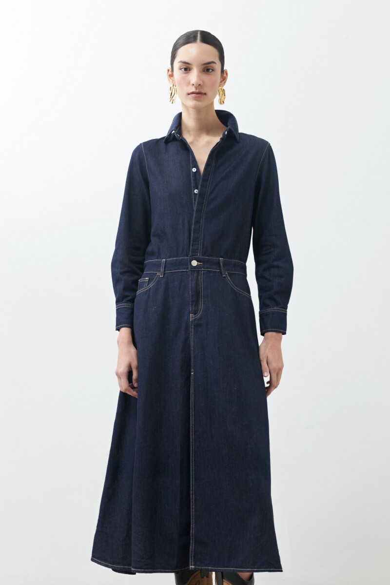 Vestido de jean camisero con falda evasé jean oscuro