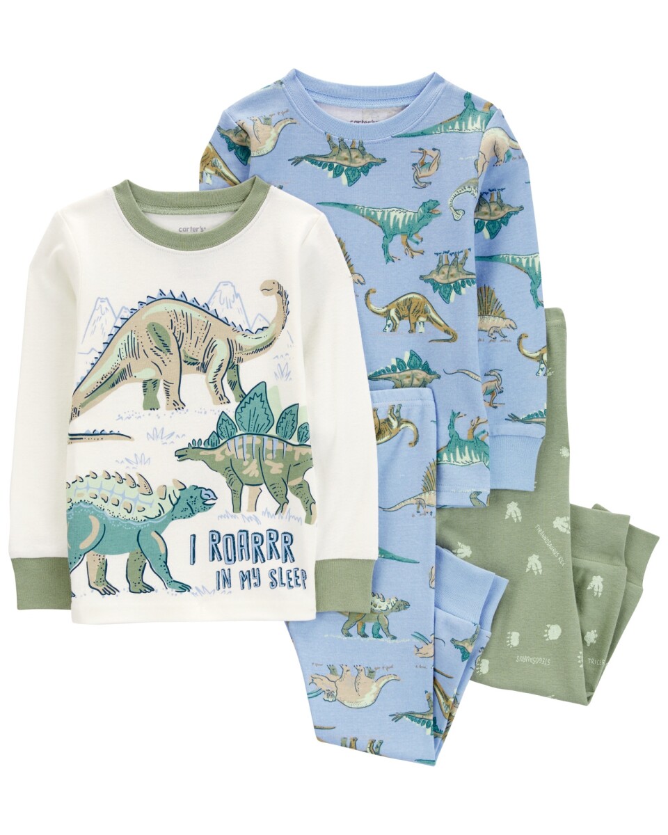 Pijama cuatro piezas de algodón, dos pantalones y dos remeras, diseño dinos. Talles 6-24M 
