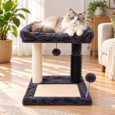 Rascador Para Gatos Con Cama Y 2 Pompones Gris Oscuro